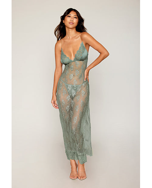 Dreamgirl 13230 Eyelash Lace & Satin Long Chemise w/G-String, Sage Green XL