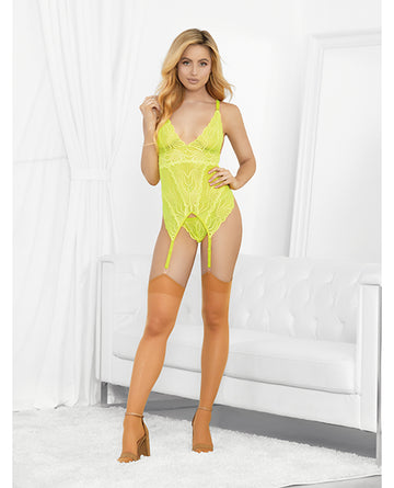 Escante Neons Bustier Set with Nude Hose & G-String, Neon Lime