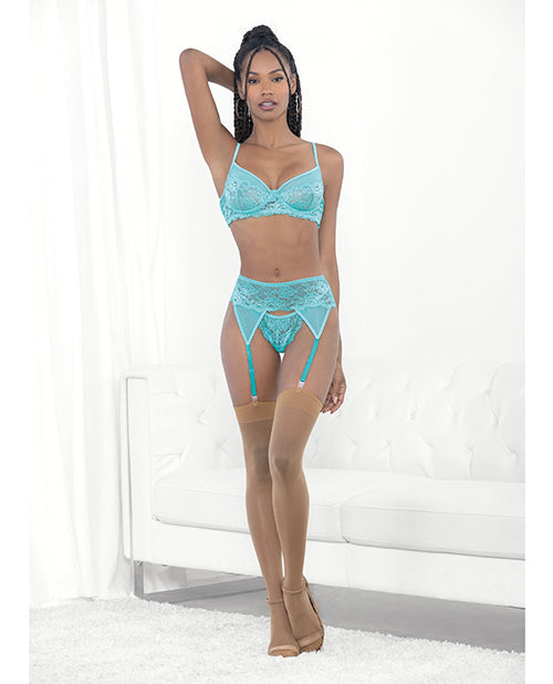 Escante, Inc 71170 BLU MD Lace & Mesh Bra/Garterbelt/G-String Set, Malibu Blue