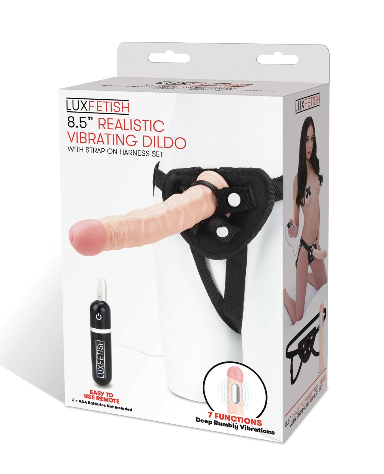 Lux Fetish 8.5" Realistic Vibrating Dildo Strap-On Set, 7 Functions