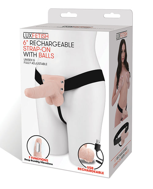 Lux Fetish 6" Rechargeable Vibrating Strap-On Dildo with Balls – Ivory