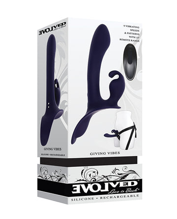 Evolved Giving Vibes Strap-On Bunny Eared Stimulator with Remote Control, Purple