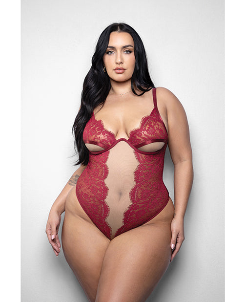 Fantasy Lingerie Elusive Anya Lace and Mesh Underwire Teddy, Red, 1X/2X