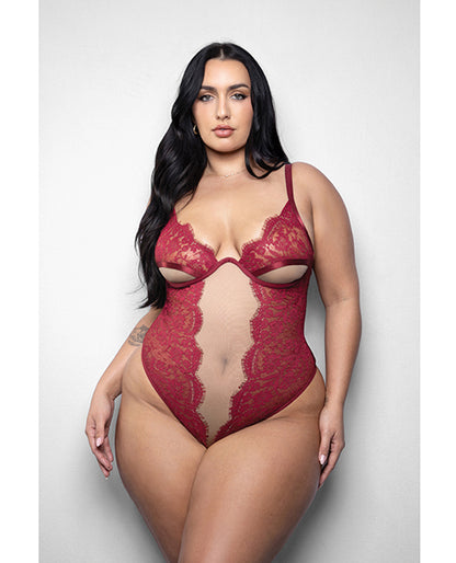 Fantasy Lingerie Elusive Anya Lace and Mesh Underwire Teddy, Red, 1X/2X