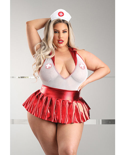 Fantasy Lingerie PL2302 3X/4X Teddy, Open Back, Pleated Skirt, Red/White