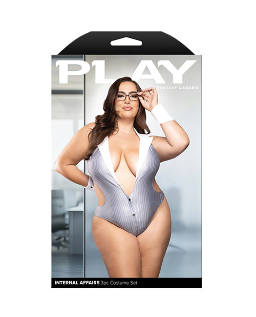 Fantasy Lingerie Grey Pinstriped Cut-Out Teddy Costume Set, 3X/4X