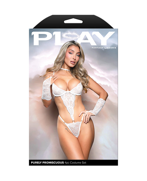 Fantasy Lingerie Purely Promiscuous Shimmer Lace Open-Side Teddy Costume Set, White, S/M