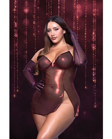 Fantasy Lingerie Scarlet Shimmer Chemise with Gloves, Red, 1X/2X