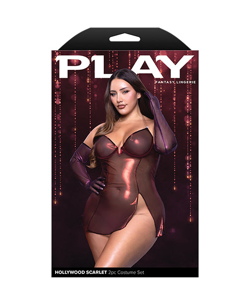 Fantasy Lingerie Hollywood Scarlet Shimmer Dress with Gloves, Red, 3X/4X