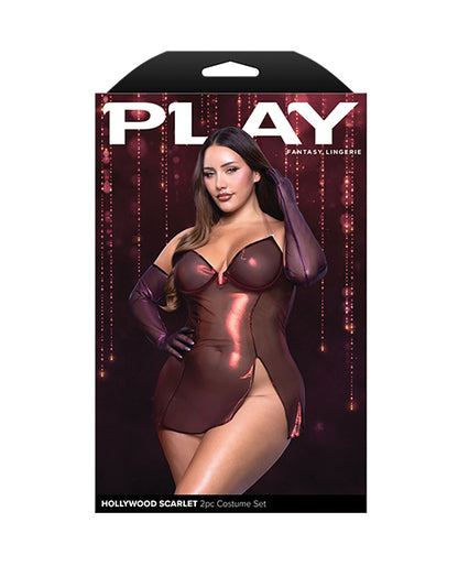 Fantasy Lingerie Hollywood Scarlet Shimmer Dress with Gloves, Red, 3X/4X