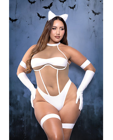 Fantasy Lingerie Midnight Purr White Mesh Teddy Costume Set, 3X/4X