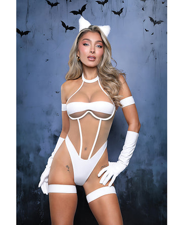 Fantasy Lingerie Midnight Purr Mesh Teddy Costume Set, White, L/XL
