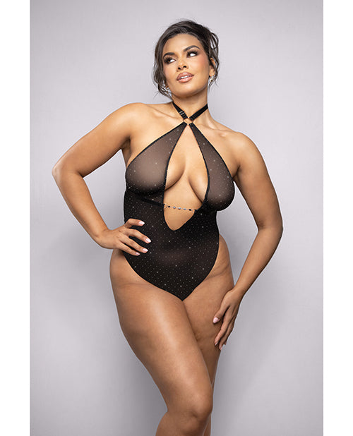Fantasy Lingerie 2556XBLK-1X2X Rhinestone Mesh Halter Teddy - Black 1X/2X