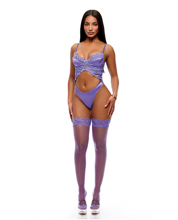 Forplay 726142 PR XL See It Through Guipure Teddy Set w/Stockings, Purple XL