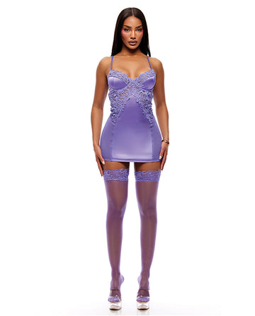 Forplay Inc. 726144 PR MD Guipure Lace Chemise Set, Purple, Medium