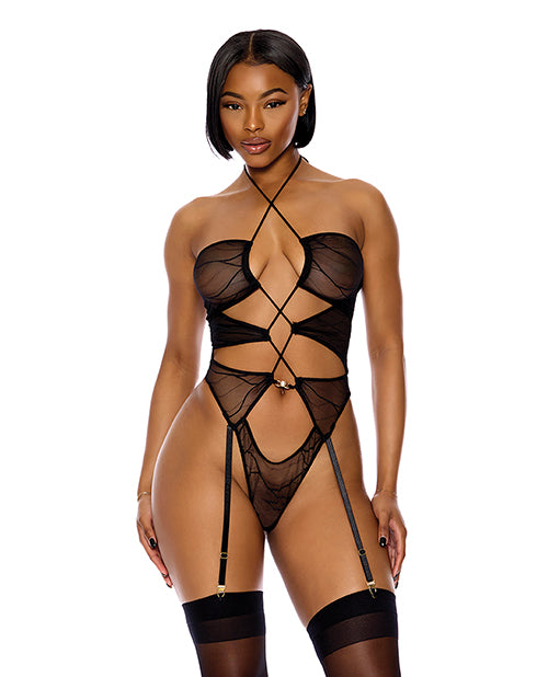 Forplay 774503 XL Sheer Mesh Halterneck Teddy, Black, Garters
