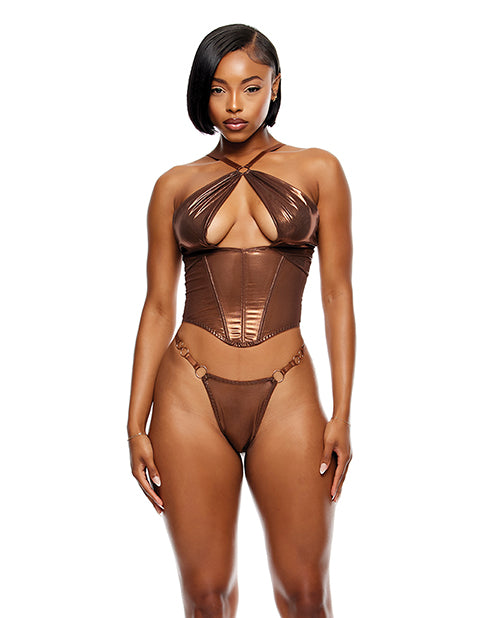 Forplay inc. 774736 Liquid Metal Mesh Bustier w/G-String, Copper SM