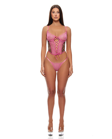 Forplay Inc. Animal Instincts Mesh Bustier & Panty Set, Pink Leopard, L