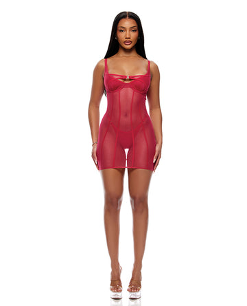 Forplay Inc. 775175 Sheer Mesh and Knit Chemise w/Thong Set, Pink MED