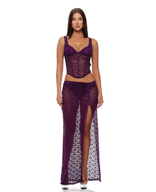 Forplay Inc. 775423 PR MD Feel Me Lace Bustier, Panty, & Skirt 3 pc Set, Purple