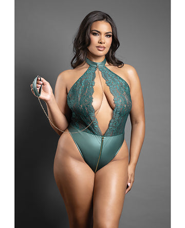 Fantasy Lingerie Domina Lace Halter Teddy w/Zipper & Leash, Green Queen