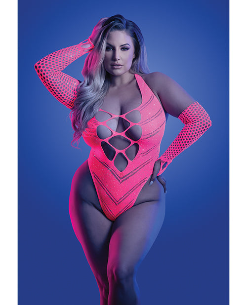 Fantasy Lingerie GL2139-QS-B Teddy, Neon Pink, UV Reactive