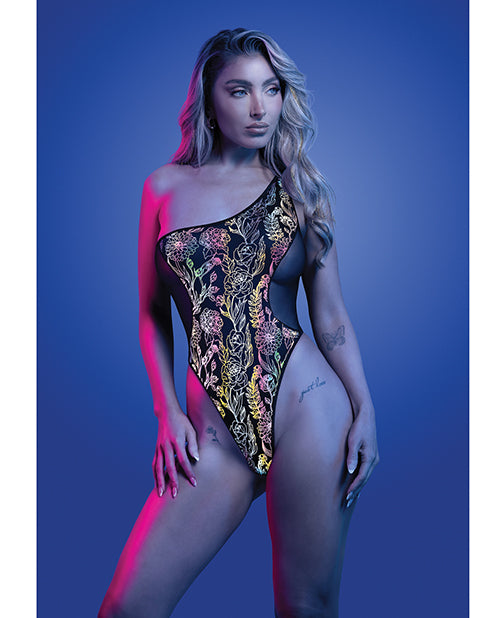 Fantasy Lingerie GL2543-LXL-B Flash Reflective Floral Teddy - Black L/XL