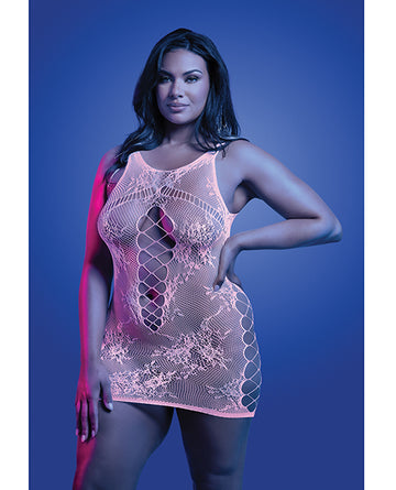 Fantasy Lingerie GL2548-QS-B Glow-in-the-Dark Lace Knit Dress, Pink Glow, White