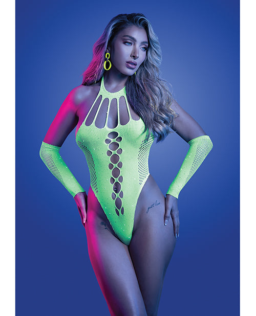 Fantasy Lingerie GL2551-OS-B UV Reactive Rhinestone Teddy Set - Neon Green O/S