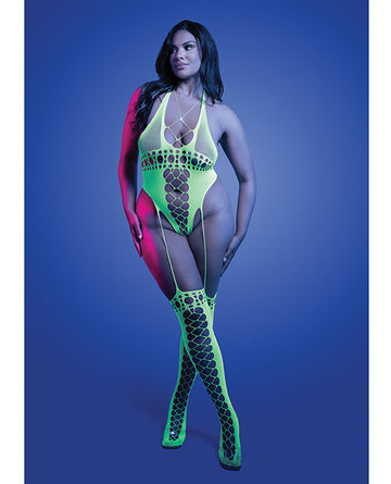 Fantasy Lingerie GL2552-QS-B Paradigm UV Reactive Halter Bodystocking