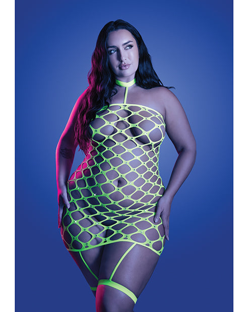 Fantasy Lingerie Neon Green Gartered Fishnet Dress with Rhinestone Detail, Queen