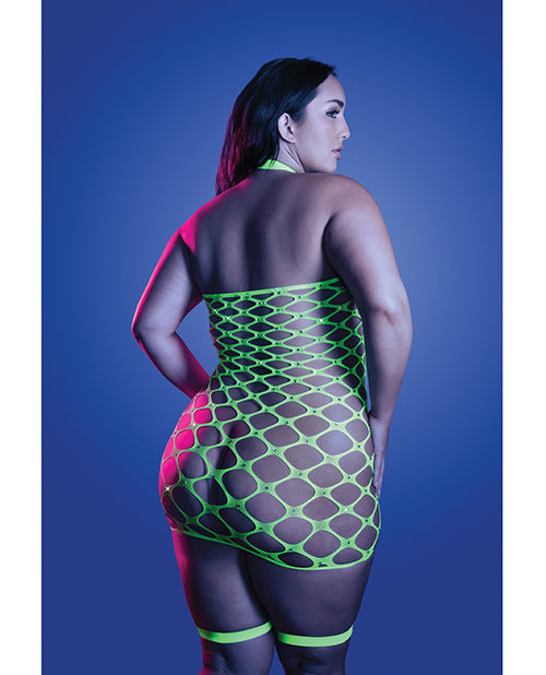 Fantasy Lingerie Neon Green Gartered Fishnet Dress with Rhinestone Detail, Queen