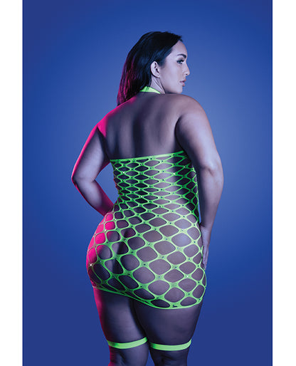Fantasy Lingerie Neon Green Gartered Fishnet Dress with Rhinestone Detail, Queen