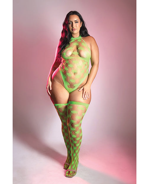 Fantasy Lingerie Adrenaline Halter Teddy and Stockings Set, Neon Green