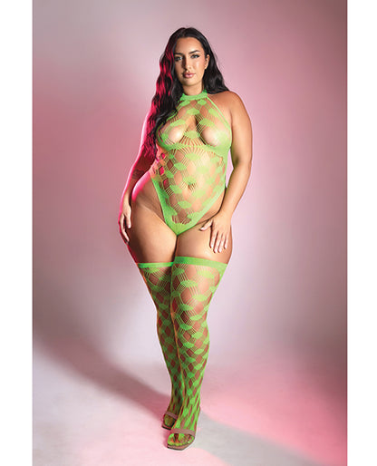 Fantasy Lingerie Adrenaline Halter Teddy and Stockings Set, Neon Green