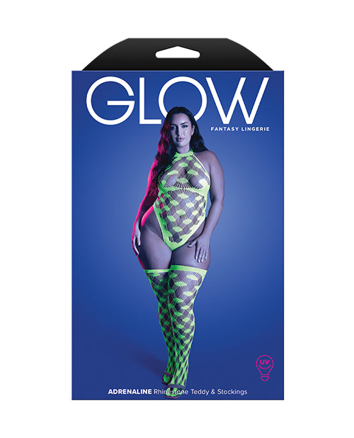Fantasy Lingerie Adrenaline Halter Teddy and Stockings Set, Neon Green