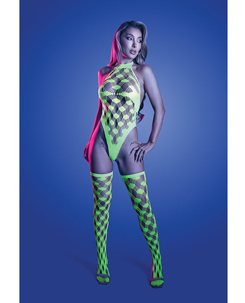 Fantasy Lingerie Adrenaline Halter Teddy and Stockings, Neon Green, One Size