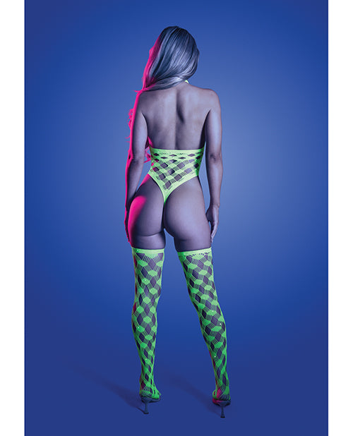 Fantasy Lingerie Adrenaline Halter Teddy and Stockings, Neon Green, One Size