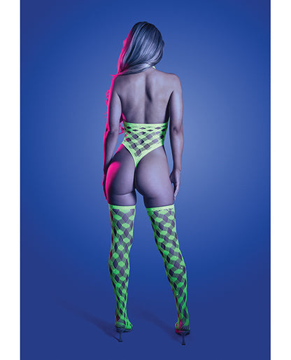Fantasy Lingerie Adrenaline Halter Teddy and Stockings, Neon Green, One Size