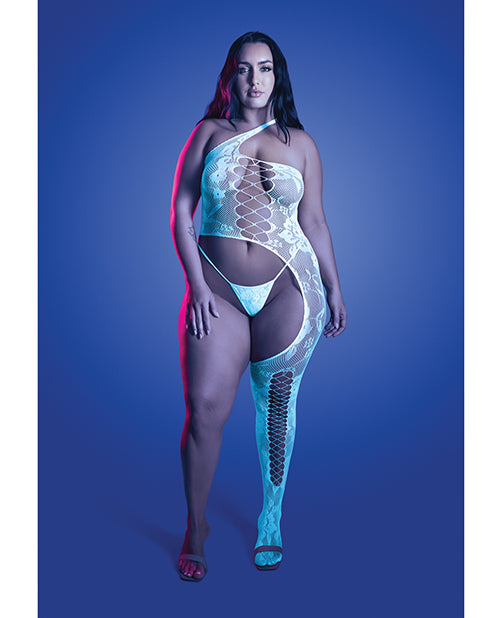 Fantasy Lingerie Lights Get Low Floral Knit Bodystocking and Bottom, White, Queen Size