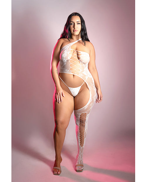 Fantasy Lingerie Lights Get Low Floral Knit Bodystocking and Bottom, White, Queen Size