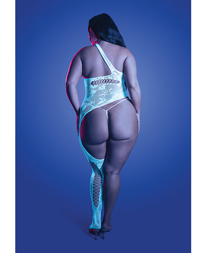Fantasy Lingerie Lights Get Low Floral Knit Bodystocking and Bottom, White, Queen Size