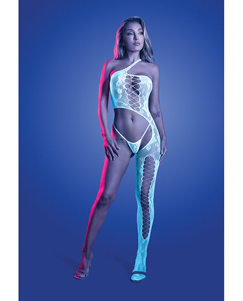 Fantasy Lingerie Lights Get Low Floral Knit Bodystocking and Bottom, White, One Size