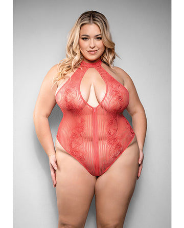 Fantasy Lingerie 2433XCOR Calliope Striped Lace Teddy, Coral 1X/2X