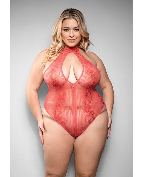Fantasy Lingerie Calliope Striped Sheer Floral Lace Teddy, Coral 3X/4X
