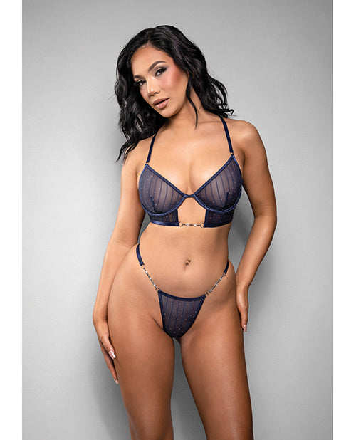 Fantasy Lingerie 2441NVY L/XL Celeste Sheer Rhinestone Bra Set, Navy