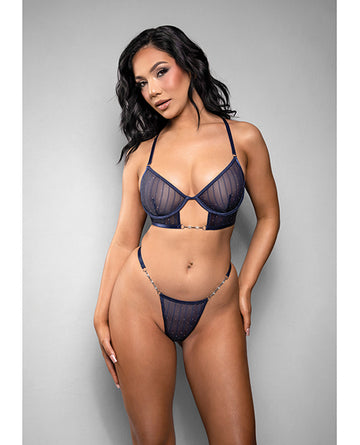 Fantasy Lingerie 2441NVY L/XL Celeste Sheer Rhinestone Bra Set, Navy
