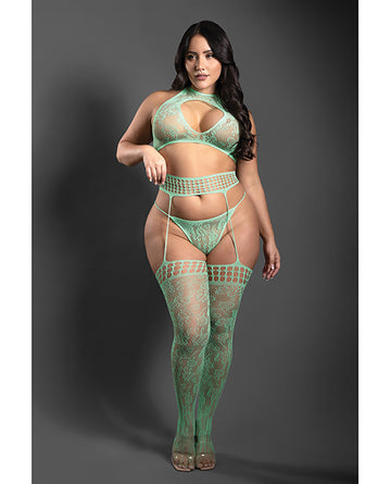 Fantasy Lingerie SF1006 Q/S Sheer Lace Knit Halter Top 3 pc Set - Mint