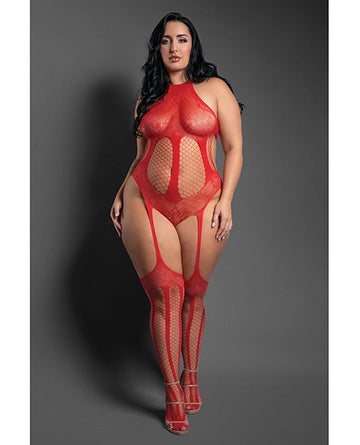 Fantasy Lingerie SF1011 RD QN Halter Teddy Bodystocking, Mesh, Red Q/S