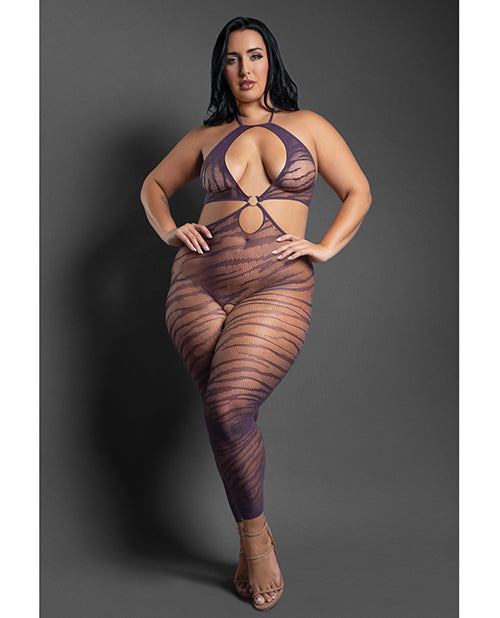 Fantasy Lingerie SF1013 Sheer Mesh Body Stocking, Purple Zebra, Open Crotch
